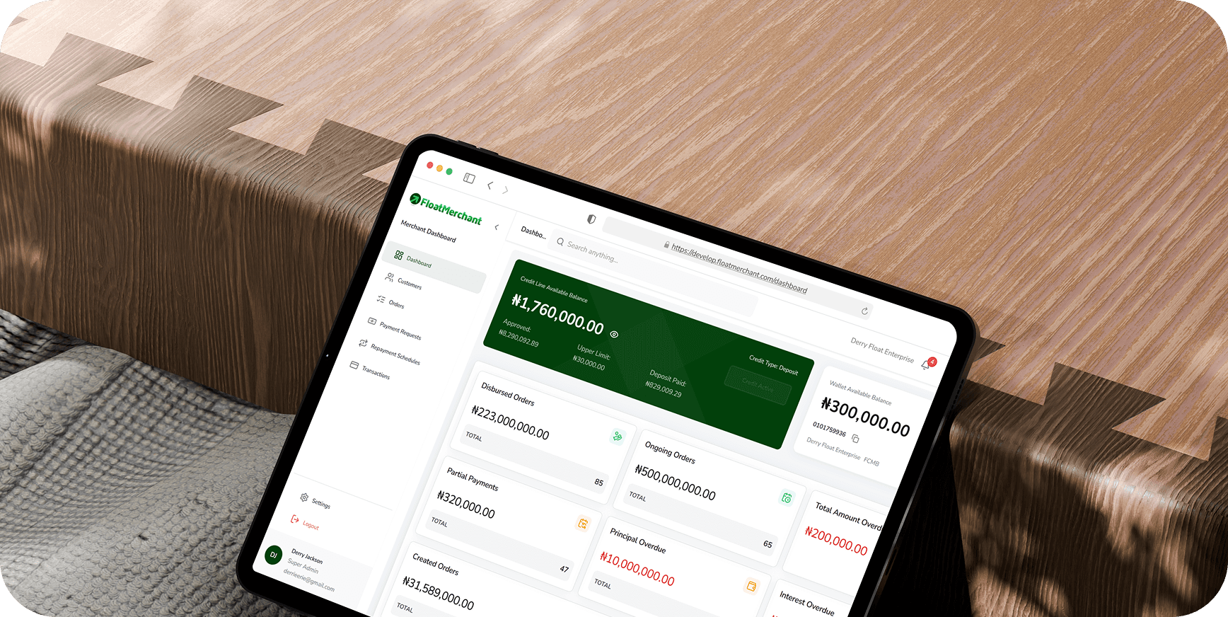 FloatMerchant dashboard on tablet