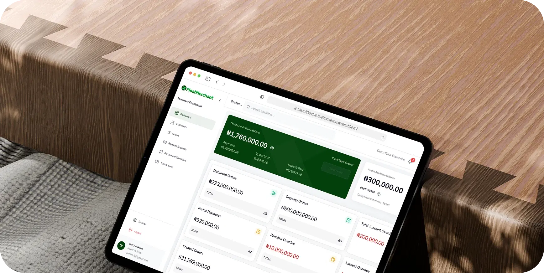 FloatMerchant dashboard on tablet