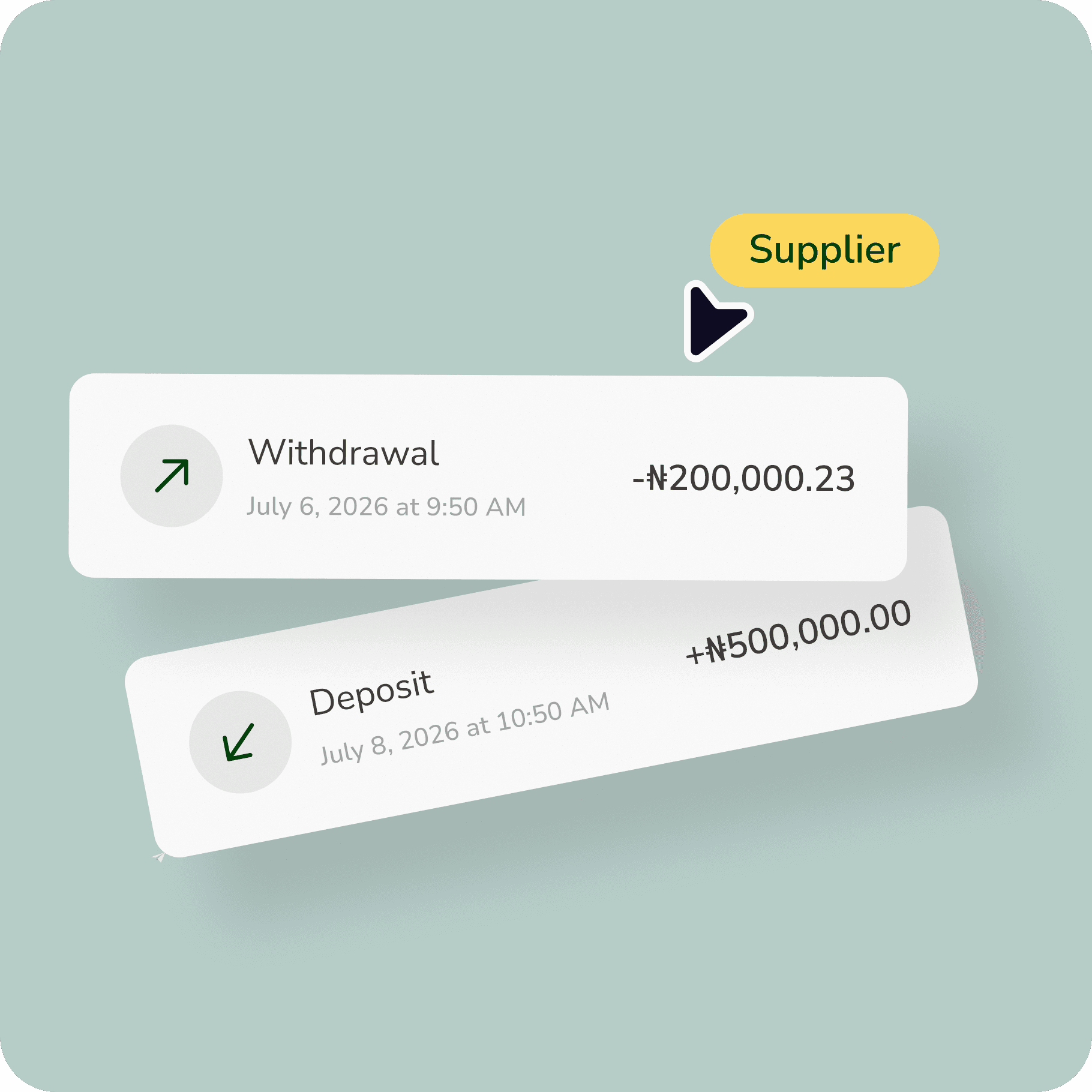 Transaction cards showing supplier withdrawals and deposits