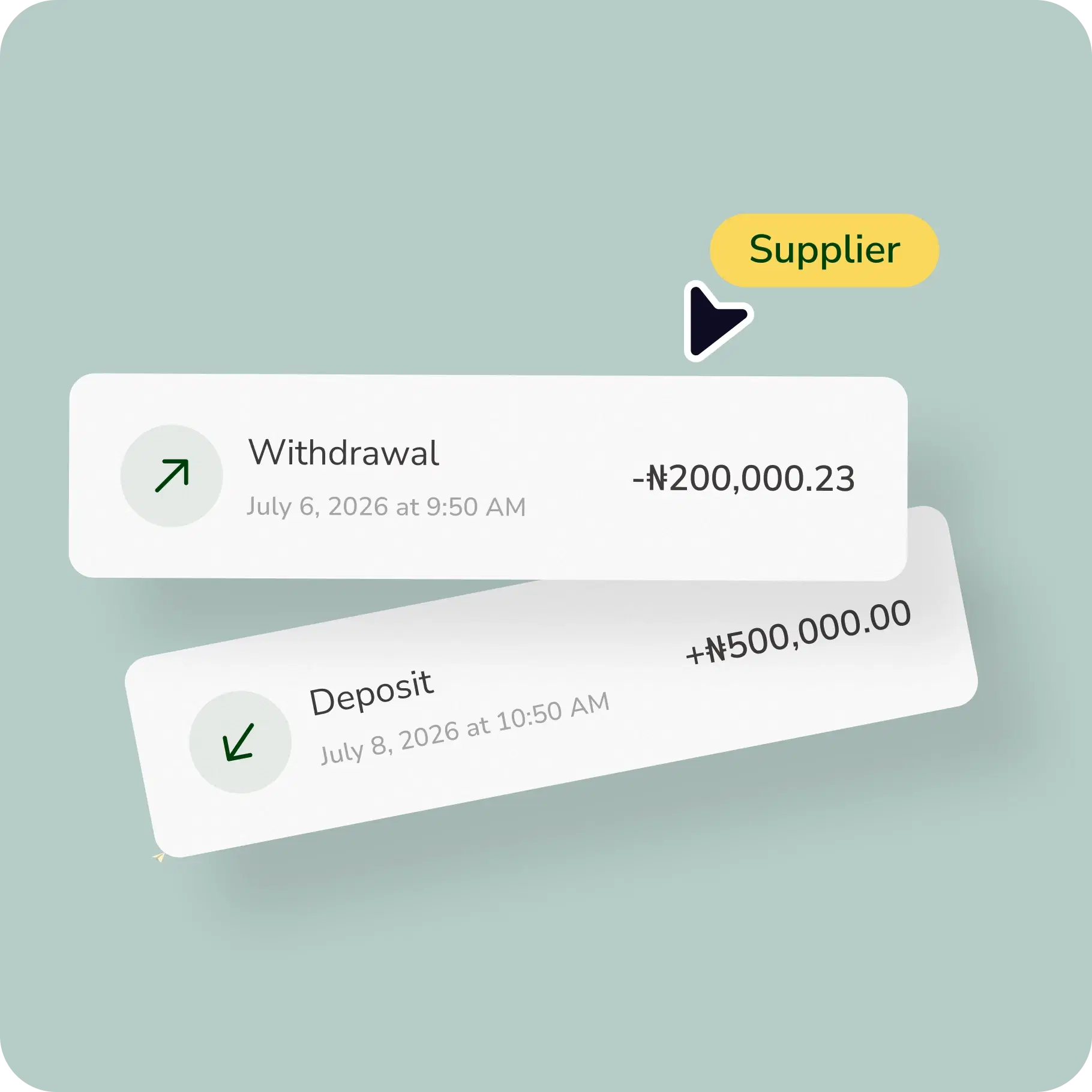 Transaction cards showing supplier withdrawals and deposits